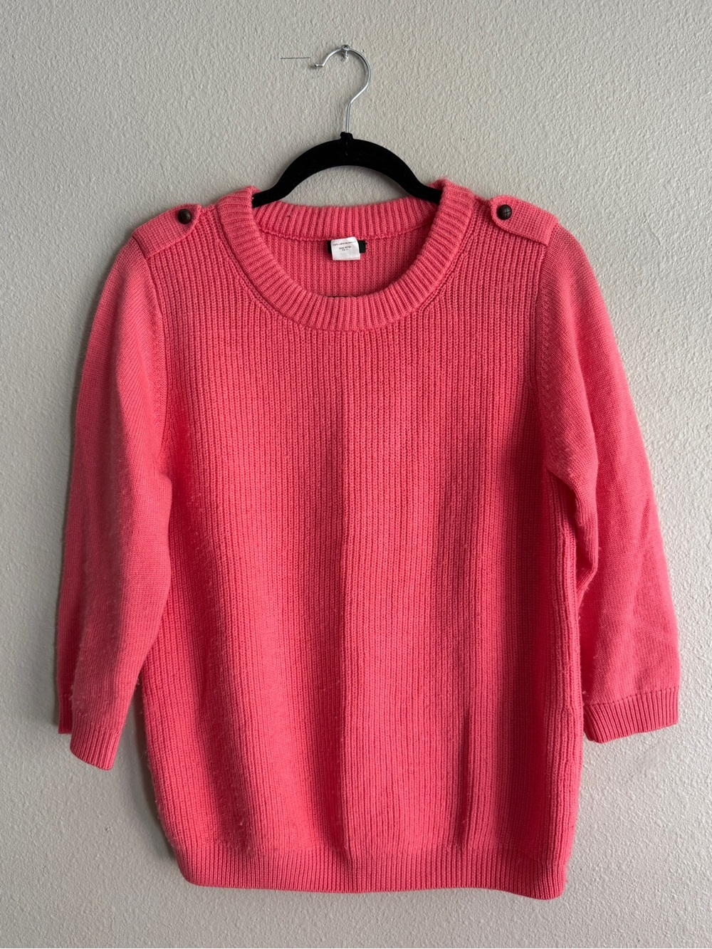 J. Crew Merino Wool Pullover Sweater 3/4 Sleeve Coral Pink Cable Knit Sz L